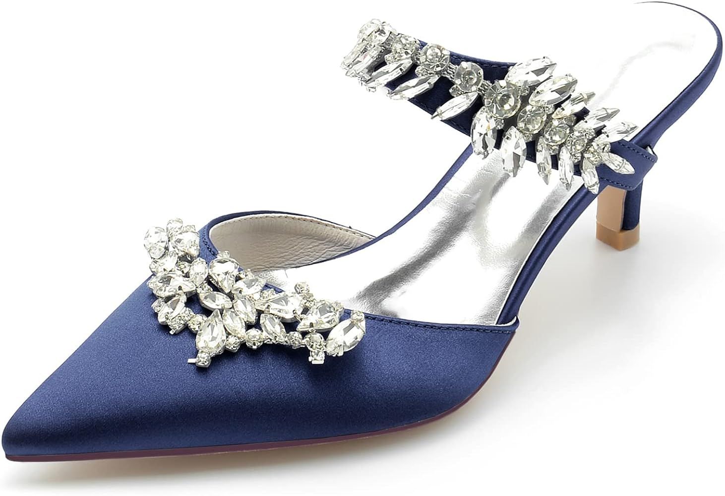 Women Closed Toe Strappy Mules Sandals Low Heel Rhinestone Satin Bridal Wedding Shoes 6869-27 | Amazon (US)