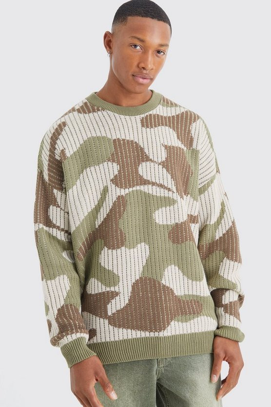 Oversized Ribbed Camo Knited Jumper | boohooMAN (US & Canada)