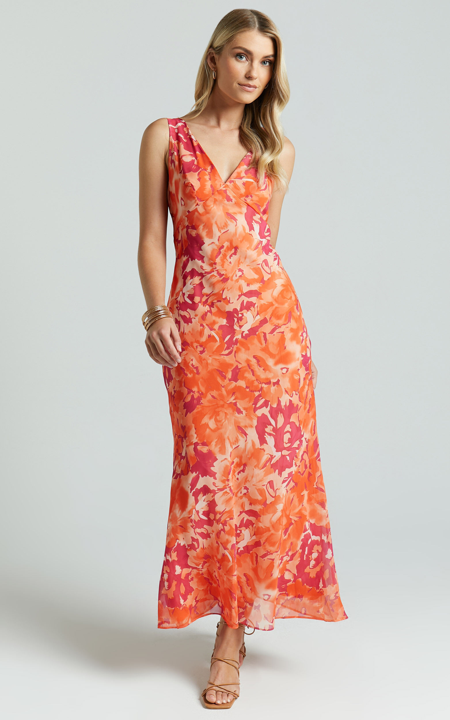 Aizelle Midi Dress - V Neck Dress in Orange Floral | Showpo (US, UK & Europe)