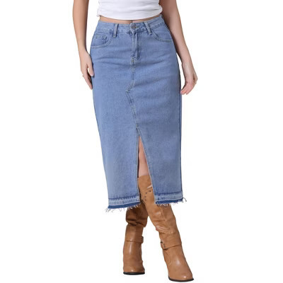 INSPIRE CHIC Women's Denim Front Slit Raw Hem High Waisted Midi Jean Skirts Light Blue Large | Target