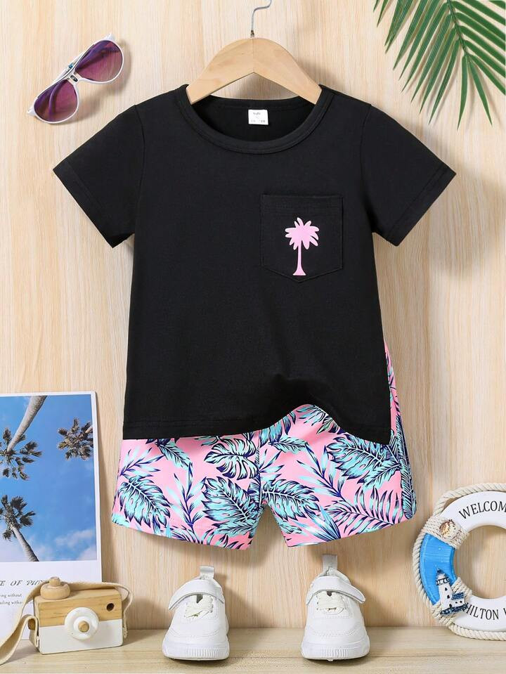 2pcs/Set Baby Boys' Stylish Summer Coconut Tree Print Leisure Holiday Shorts, With Short Sleeve K... | SHEIN