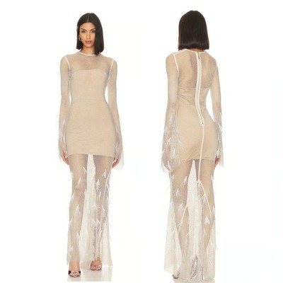 Bronx and Banco Giza Mesh Gown Rhinestone Ostrich Feather Long Sleeve Cream XL | eBay US