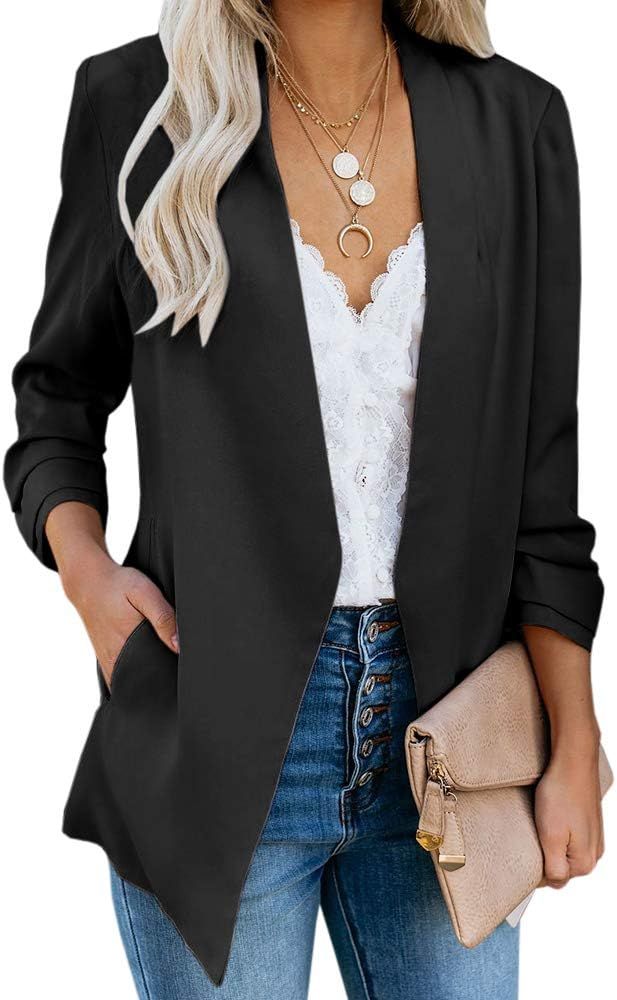 Womens Casual Blazer Ruched 3/4 Sleeve Open Front Relax Fit Office Lightweight Cardigan Jacket Bl... | Amazon (US)