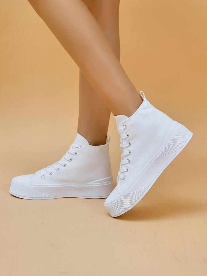 Sporty White Canvas Shoes For Women, Stitch Detail Lace Up High Top Sneakers | SHEIN