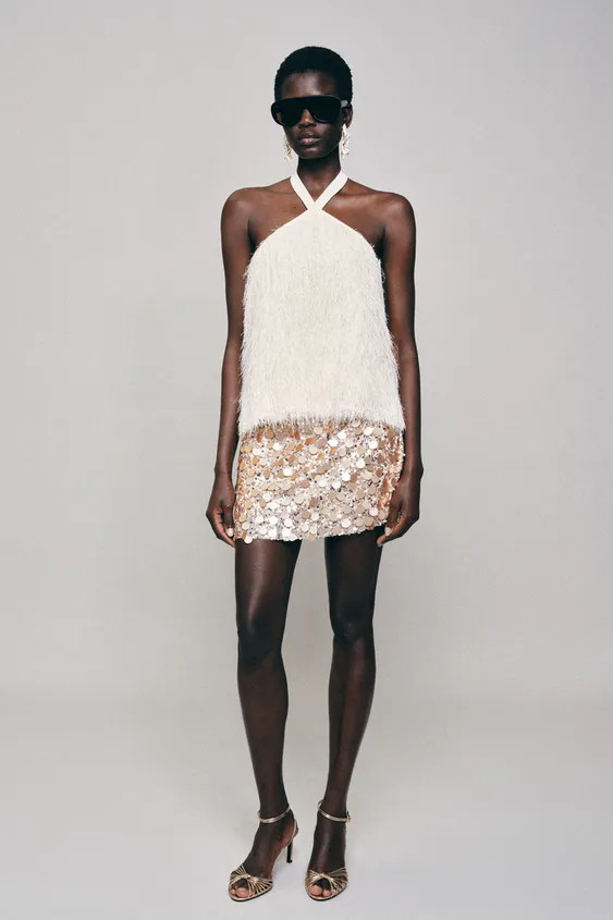 METALLIC THREAD FEATHER HALTER TOP | Zara US