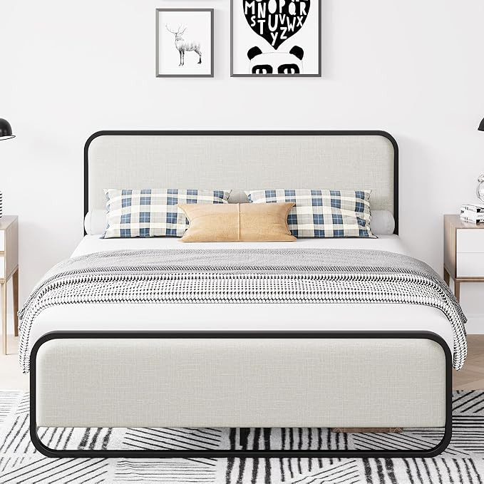 Homhougo Full Size Bed Frame, Metal Platform Bed with Curved Upholstered Headboard and Footboard,... | Amazon (US)