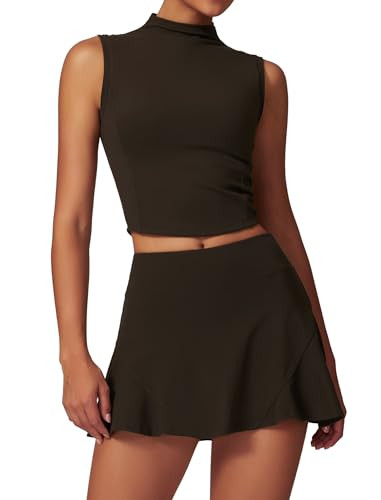 ABOCIW Athletic Dress for Women High Waist Tennis Skirt Sets 2 Piece Golf Outfits High Waist Pleated Mini Skirt Skorts High Neck Workout Crop Tank Top with Paded Coffee Large | Amazon (US)