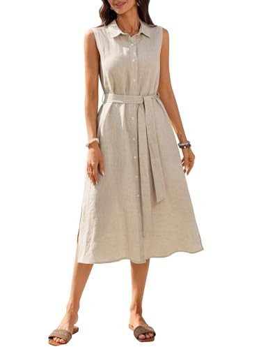 Women's 100% Linen Midi Dress Button Down Shirt Dresses with Pocket 2026 Summer Collared Sleevele... | Amazon (US)