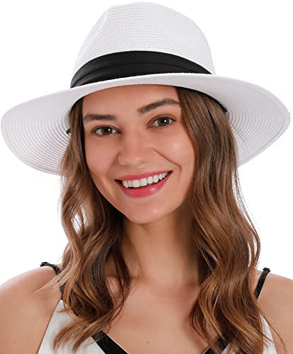 Womens Sun Hat Wide Brim Fedora Hat Cute Straw Hats Panama Beach Hats Foldable White Fedora Women Straw Floppy Hat,White | Amazon (US)