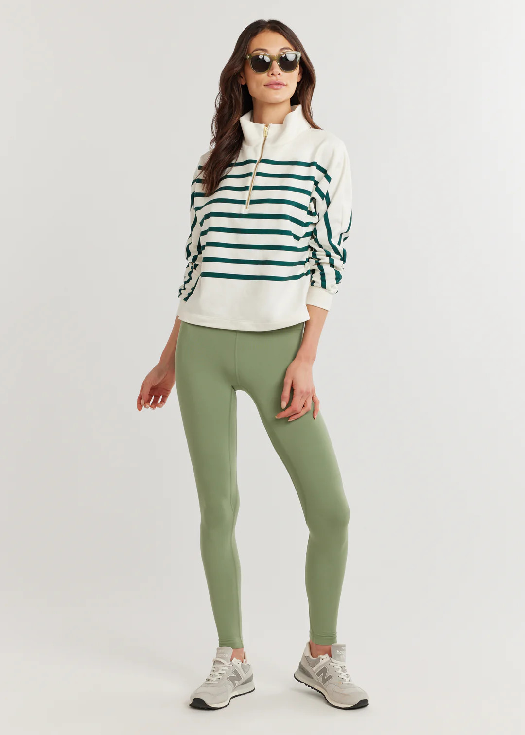 Marion Zip Pullover in Terry Fleece (Cream/Woodland Green Placed Stripe) | Dudley Stephens