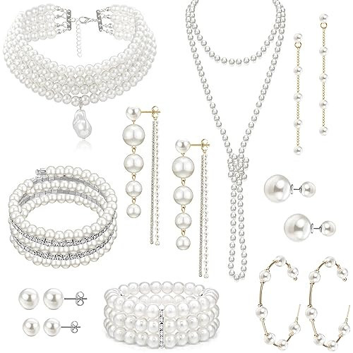 EIELO 16 Pcs Artificial Pearl Necklace Earrings Set for Women Simulated Pearl Bracelet Choker Faux Pearl Necklace Dangle Earrings Jewelry Set | Amazon (US)