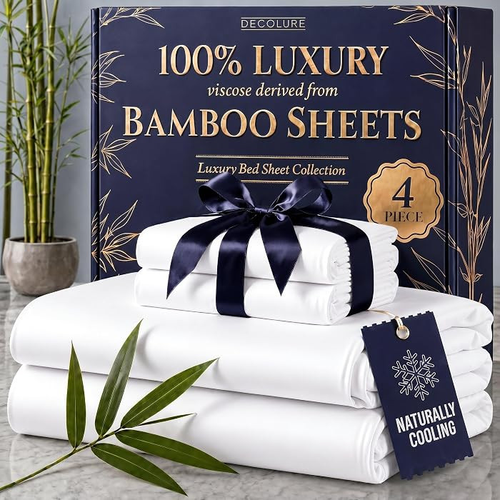 DECOLURE 100% Viscose Derived from Bamboo Sheets King Size - Luxury 4 Pc Naturally Cooling Sheets... | Amazon (US)