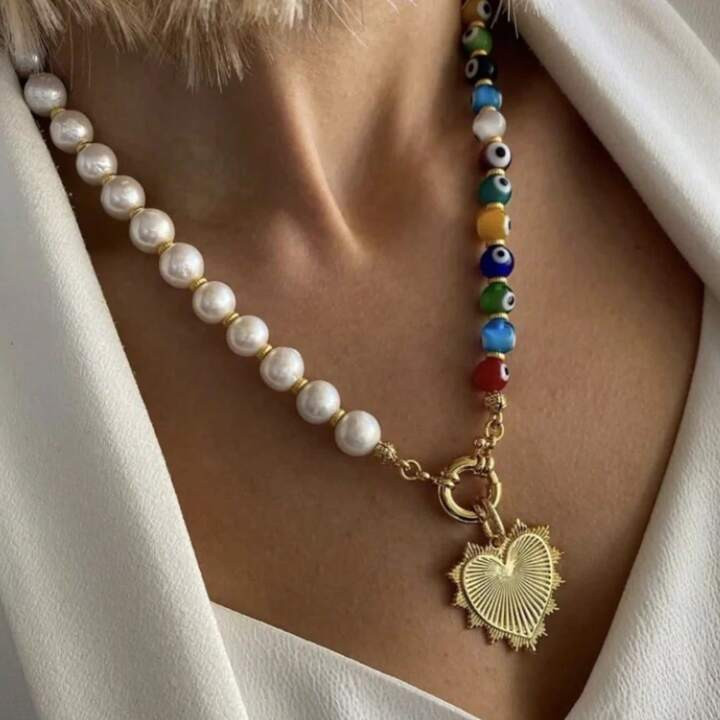 manbara Glass Pearl Beaded Necklaces Multicolor Lampwork Glass Evil Eye Beads Necklace For Women ... | SHEIN