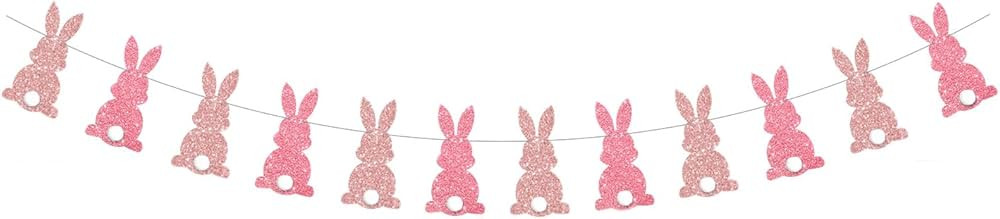 Easter Bunny Garland Banner Pink and Rose Gold Glitter Bunnies with White Wool Tail Banner for Ea... | Amazon (US)