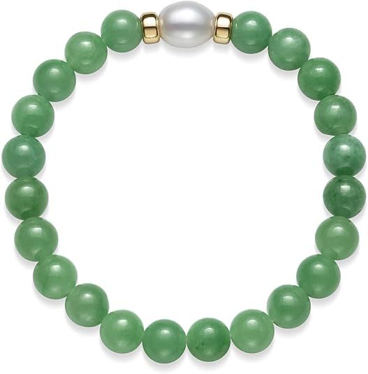 14K Gold Natural Jade and Freshwater Pearl Stretch Bracelet for Women | Amazon (US)