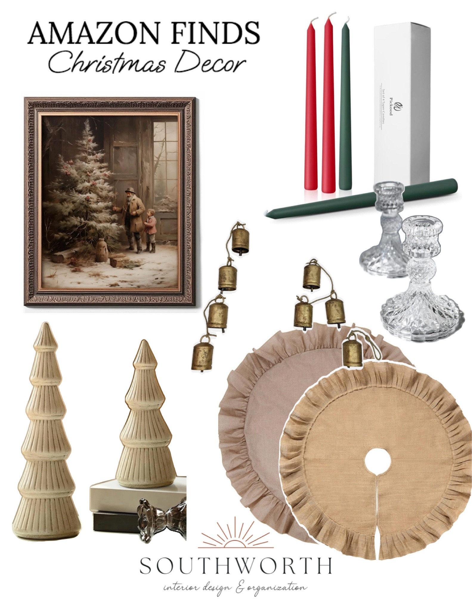 Vintage Rustic French Country Farmhouse Christmas Decor

#vintageprint #christmasdecor #tapercandles #treeskirt #woodentrees #christmasgarland #jinglebells #candleholder

#LTKSeasonal #LTKGiftGuide #LTKhome