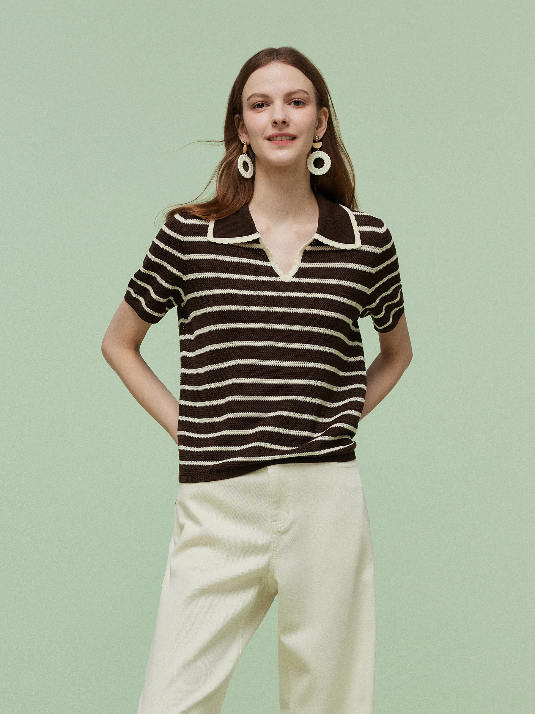 Tencel Blend Stripe Women Knit Top - Brown Stripe / M | GOELIA