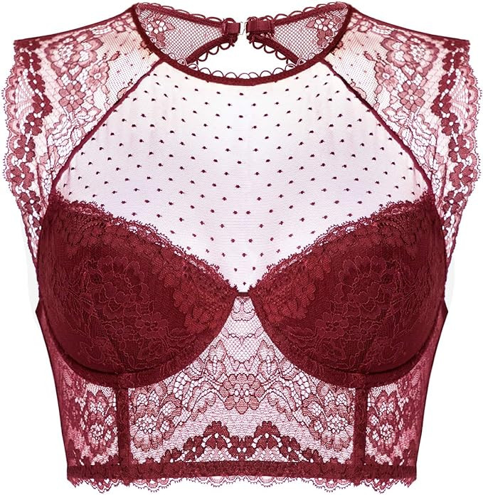 DOBREVA Women's Lace Corset Top Sexy Bralette Bustier Bra Underwire Plus Size Crop Top | Amazon (US)