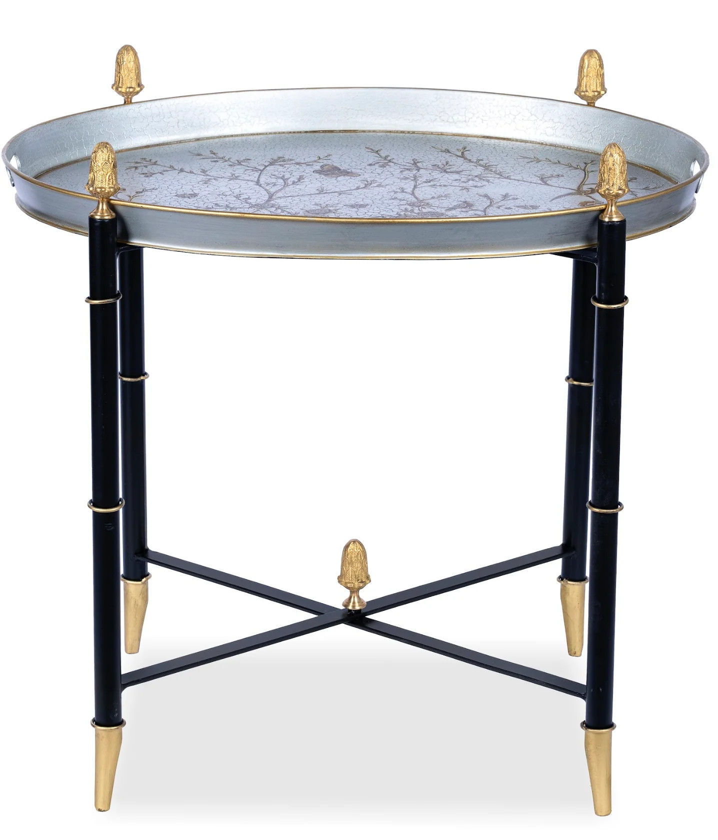 Pewter Round Tray & Black Table with Gold Finials | The Enchanted Home