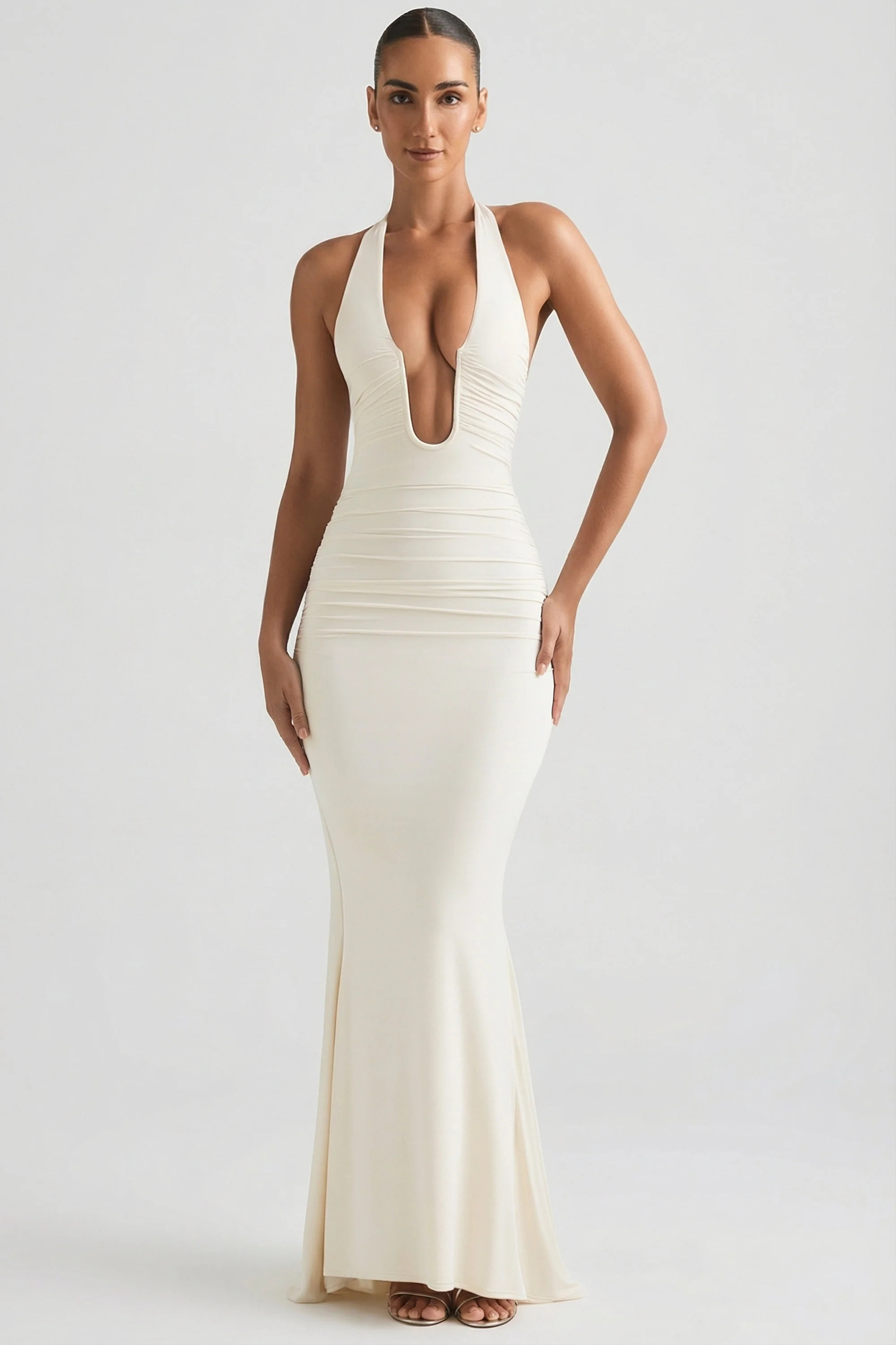 Ruched Backless Halterneck Gown in Ivory | Oh Polly