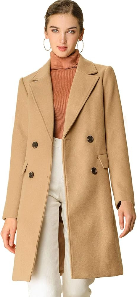 Women's Notch Lapel Double Breasted Belted Mid Long Outwear Winter Coat | Amazon (US)