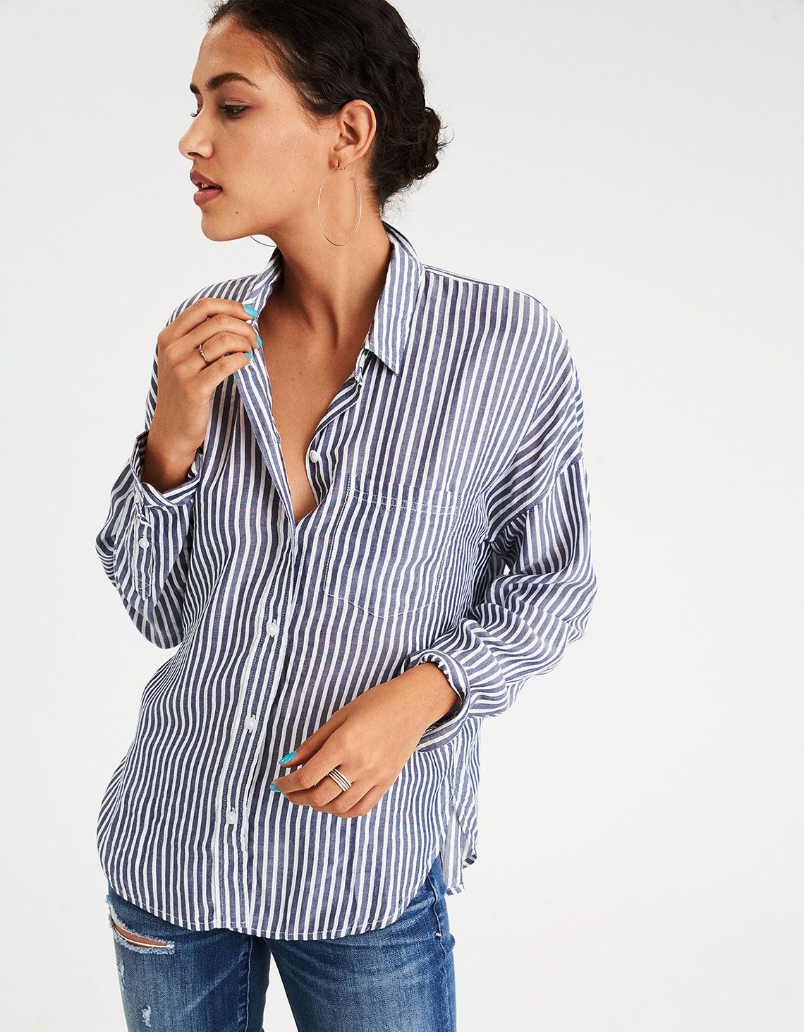 AE OVERSIZED STRIPED DOLMAN SHIRT, Navy | American Eagle Outfitters (US & CA)