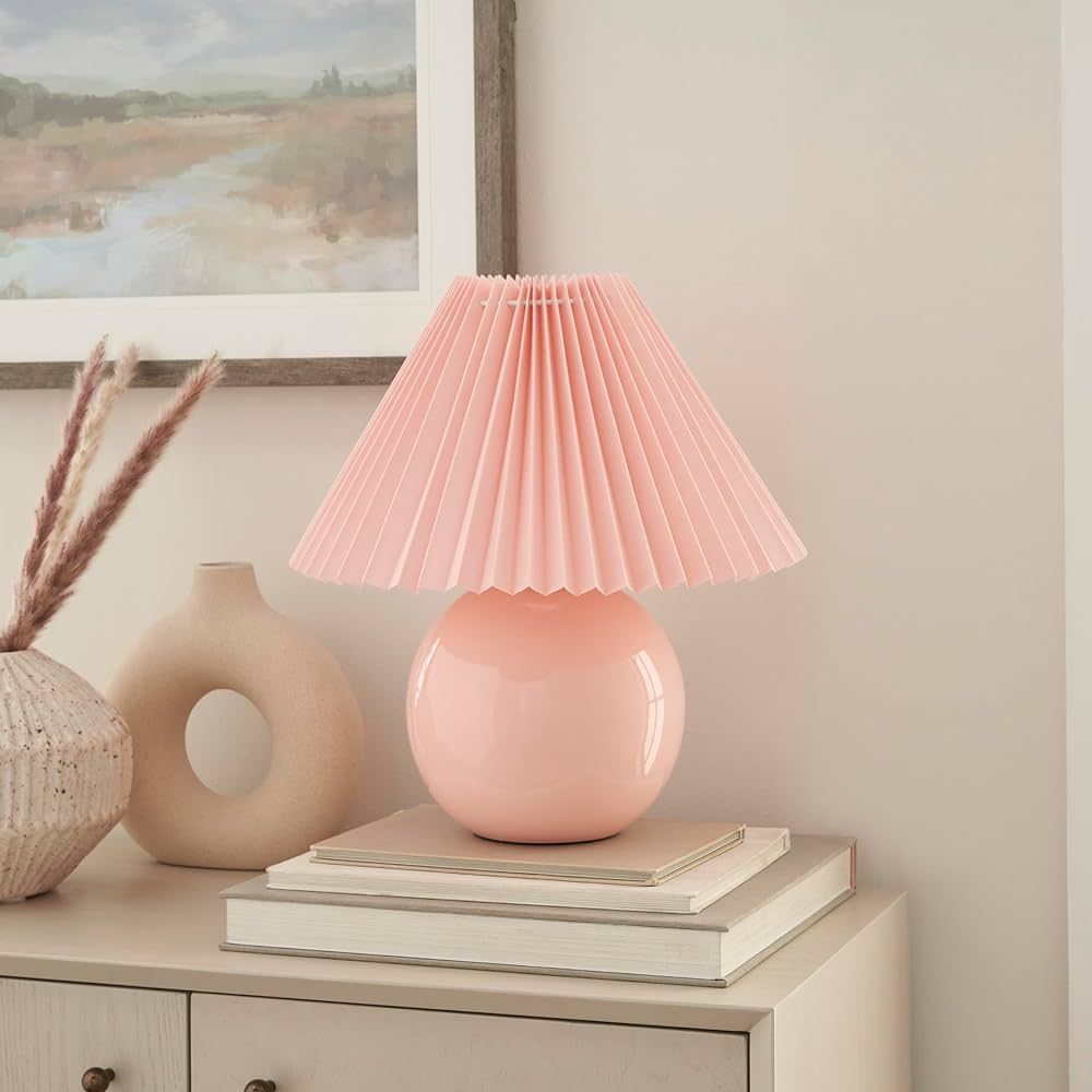 Nourison 13" Pink Ceramic Round Lamp with Pleated Shade for Bedroom, Living Room, Console, End Ta... | Amazon (US)