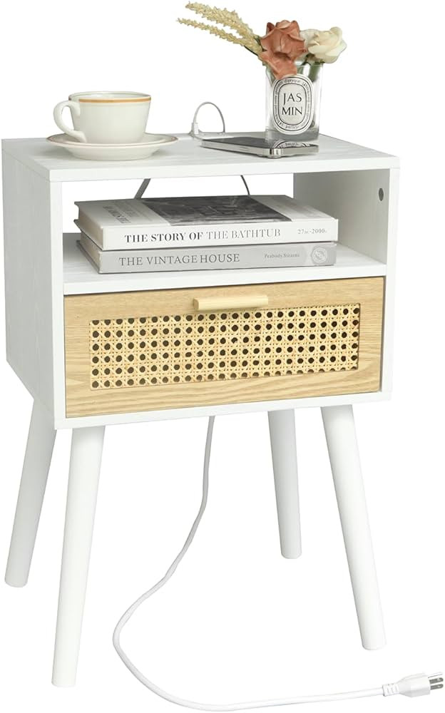 MaxSmeo Nightstand with Charging Station, Bedside Tables with Rattan Drawer, Mid Century Modern N... | Amazon (US)