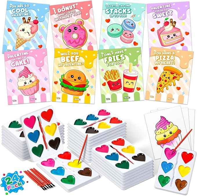 Valentines Day Gifts for Kids, 24 Packs Heart Watercolor Paint Sets with Dessert Food Painting Ca... | Amazon (US)