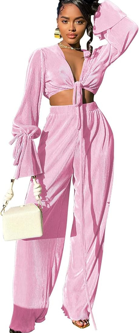 MKQW Women 2 Piece Pleated Outfits Flare Sleeve Lacing Crop Tops and Wide Leg Pants Sets Boho Cut... | Amazon (US)