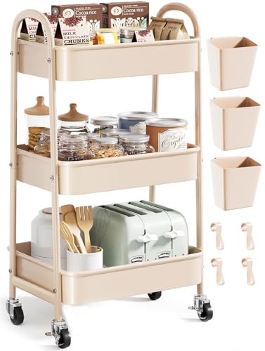 Beige 3 Tier Rolling Cart Metal on Wheels, Three Tiered Storage Organizer Utility Trolley with Wheels for Art, Craft, Baby Diaper Caddy, Snack, Book, Nail, Lash, Cleaning Supplies, Kitchen, Bathroom | Amazon (US)