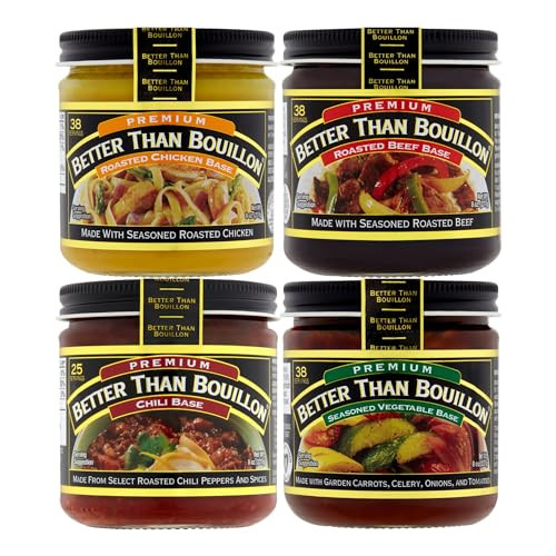 Better Than Bouillon Premium Base Variety Pack, 1 Roasted Chicken Base, 1 Roasted Beef Base, 1 Chili Base, 1 Seasoned Vegetable Base, 8 oz Jars (Pack of 4) | Amazon (US)