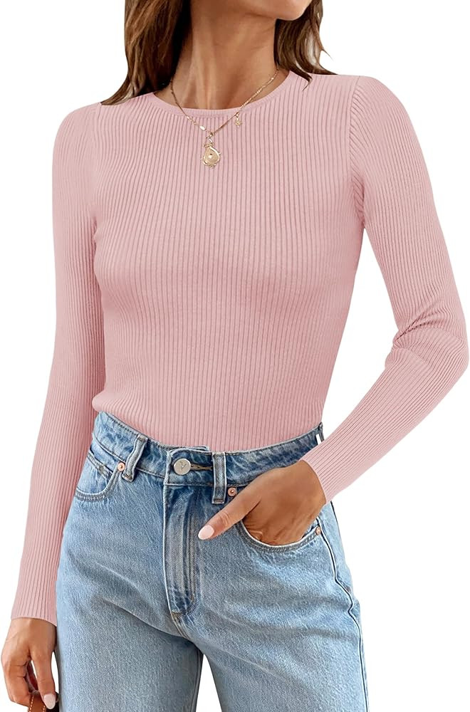 ZESICA Women's Long Sleeve Crewneck Tops 2024 Spring Fall Clothes Ribbed Knit Sweater Slim Fitted... | Amazon (US)