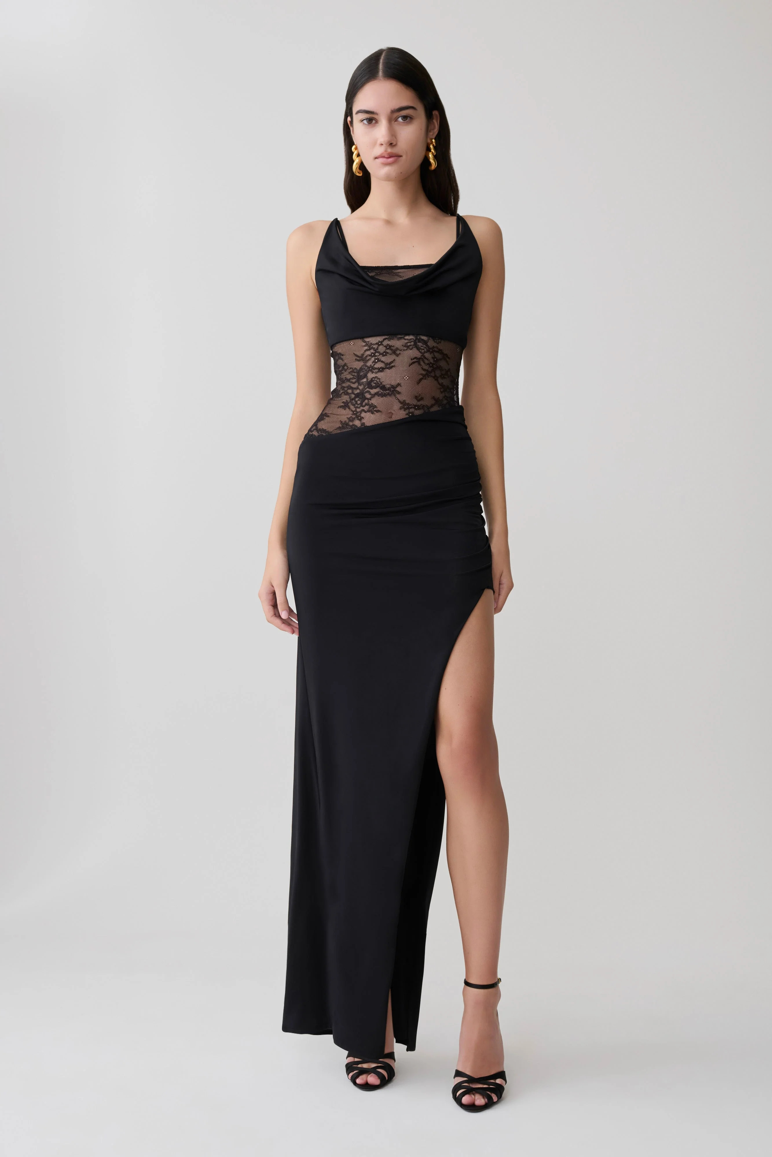 Kelela Draped Slinky And Lace Maxi Dress - Black | MESHKI US