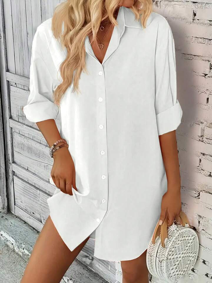 INAWLY Women Solid Color Simple Style Button-Up Daily Shirt | SHEIN