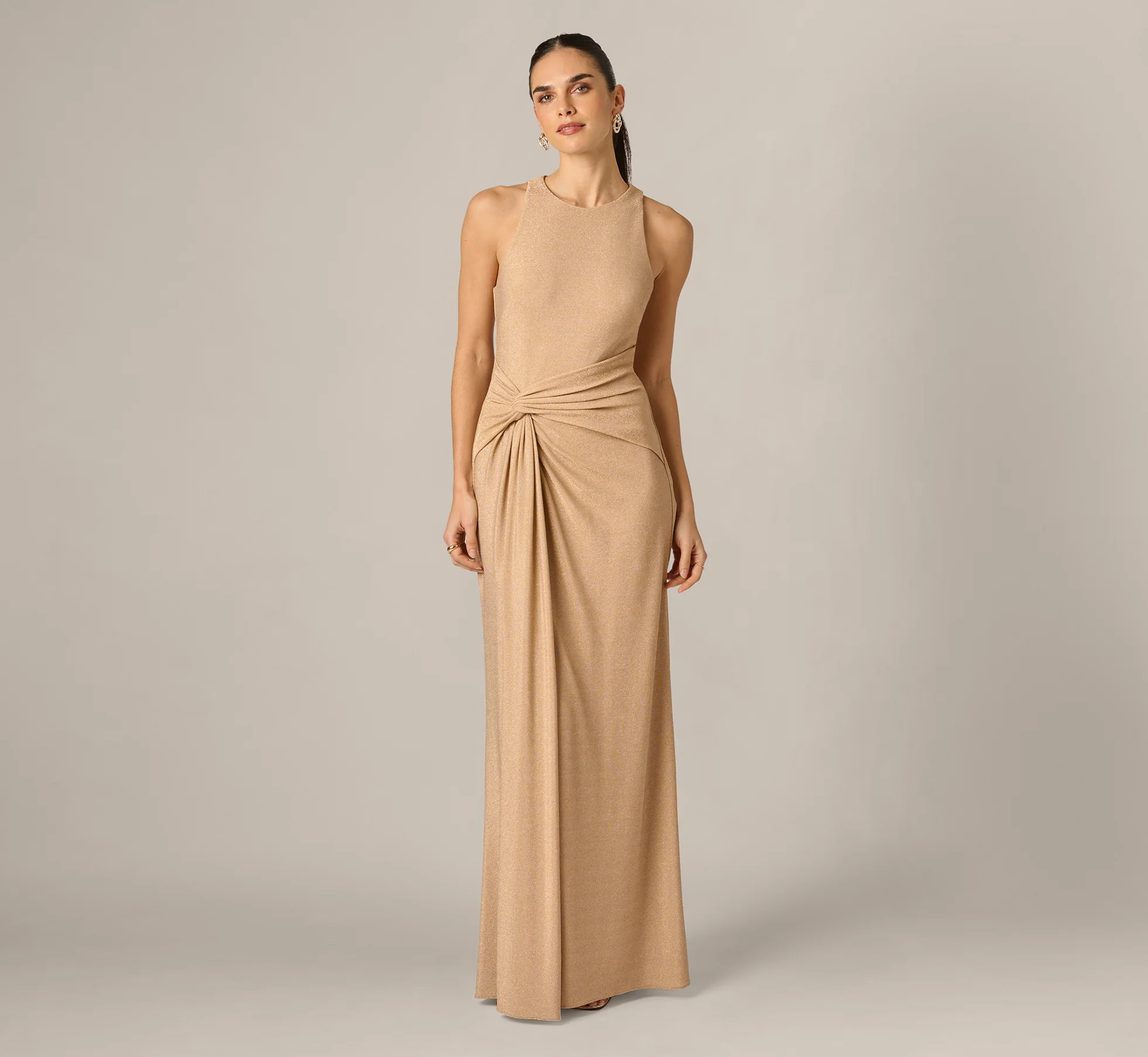 Metallic Stretch Knit Draped Gown In Light Gold | Adrianna Papell