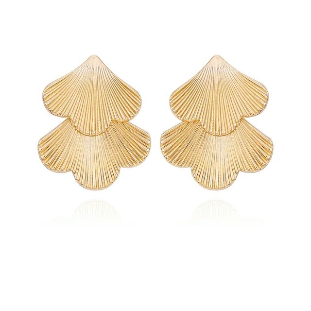 Time and Tru Women's Gold Tone Modern Textured Double Fan Art Deco Style Casting Drop Post Earrin... | Walmart (US)