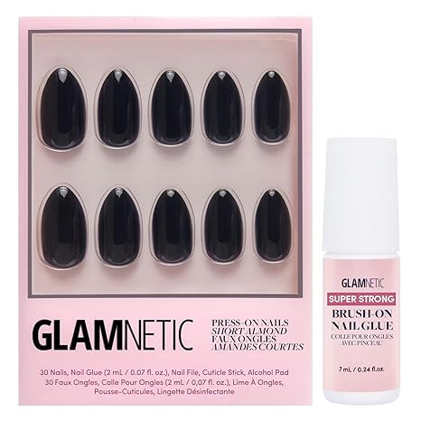 Glamnetic Press On Nails & Brush On Nail Glue Bundle - Boba | Opaque Black Short Almond Nails, Re... | Amazon (US)