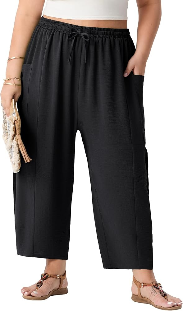 OLRIK Women's Plus Size Pants – Lightweight Cropped Wide Leg Boho Pants with Drawstring & Pocke... | Amazon (US)