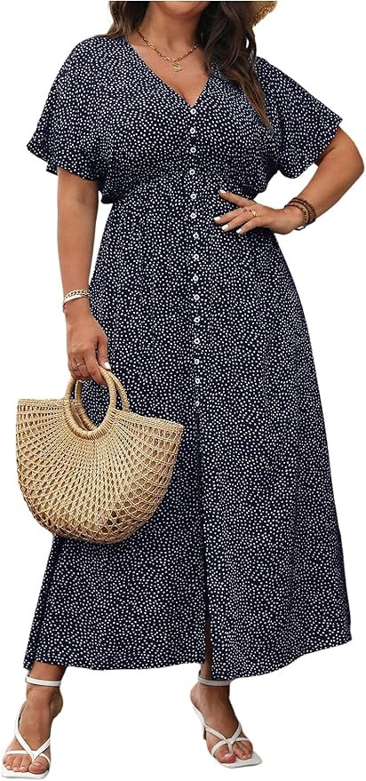 Floerns Women's Plus Size Floral A Line Dress V Neck Dolman Sleeve Button Front Slit Maxi Dresses | Amazon (US)