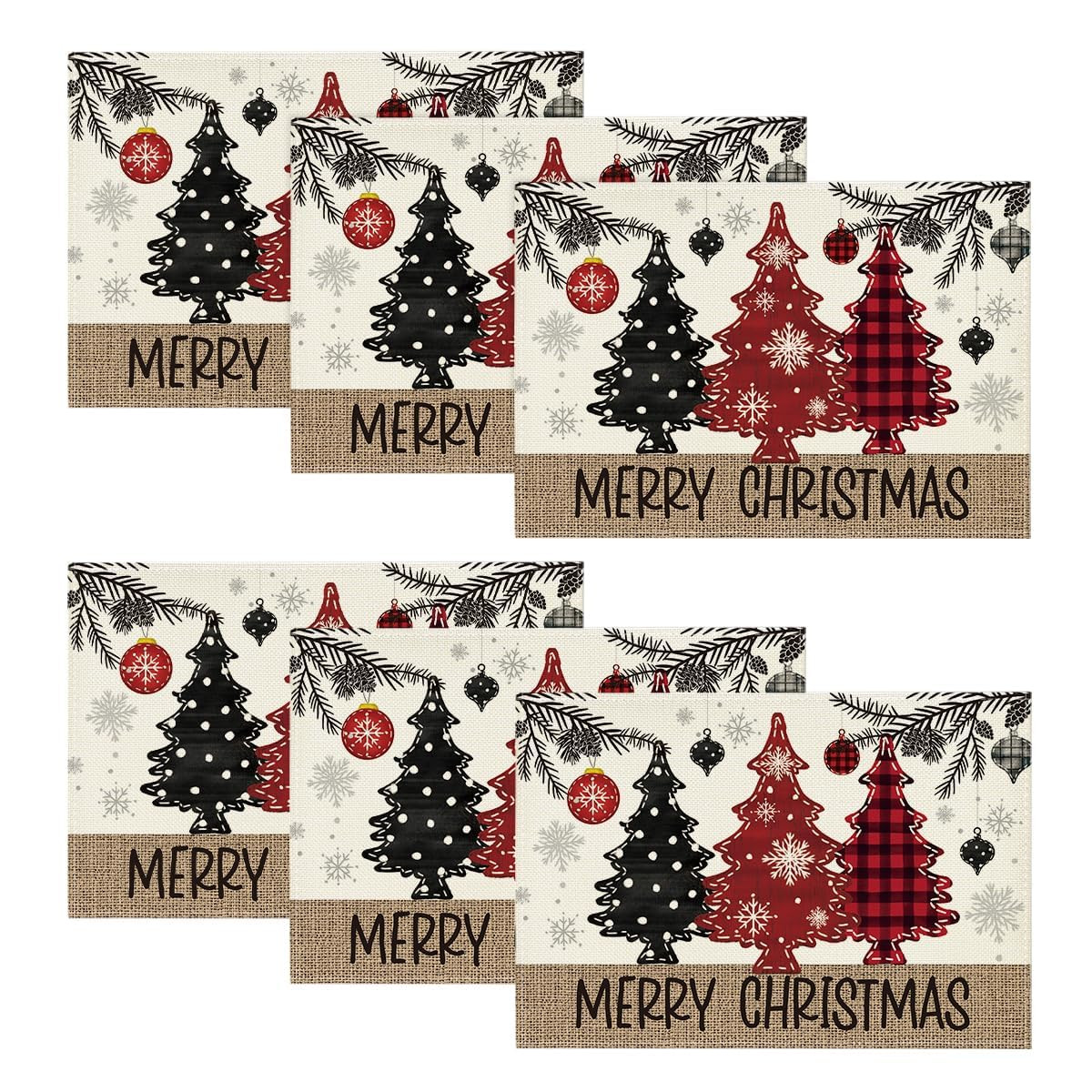 Artoid Mode Red Pine Trees Balls Merry Christmas Placemats Set of 6, 12x18 Inch Winter Xmas Table... | Amazon (US)