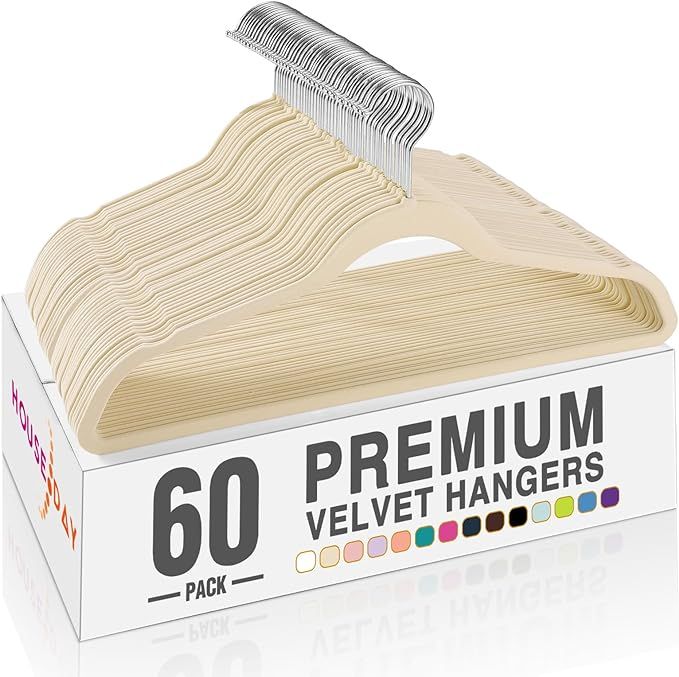 HOUSE DAY Beige Velvet Hangers 60 Pack, Premium Clothes Hangers Non-Slip Felt Hangers, Sturdy Han... | Amazon (US)