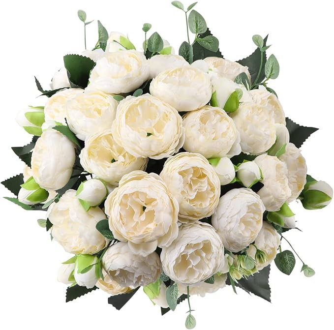 Hoikwo 4 Pack Small Ivory White Peony Artificial Flowers (20 Peony Heads), Silk Fake Flowers Wedd... | Amazon (US)