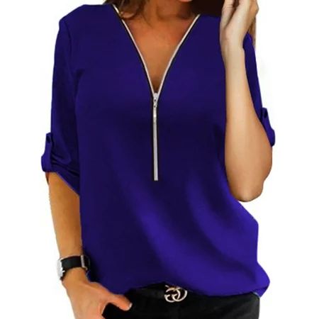 Lumento Plus Size Women Chiffon Loose Long Sleeve Blouse Shirt Sexy Zip V Neck T Shirt Casual Tops | Walmart (US)