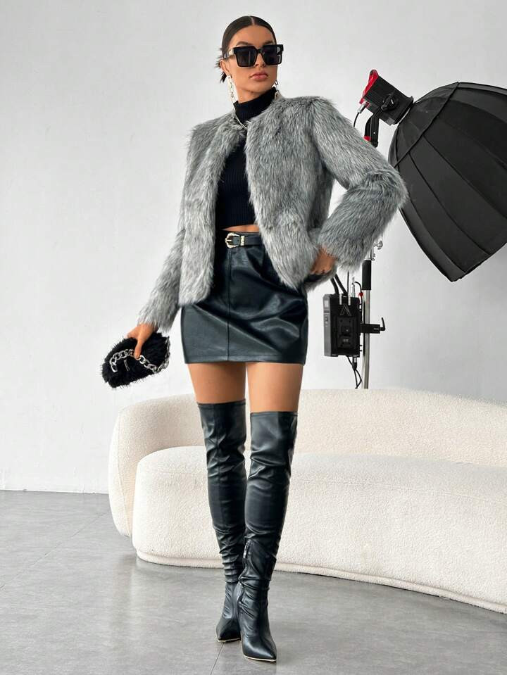 SHEIN Privé Open Front Fuzzy Coat | SHEIN