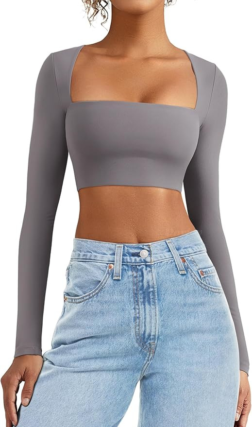 VOYJOY Women's Square Neck Crop Top Workout Tops Long Sleeve Shirts Cropped T Shirts Women Cute T... | Amazon (US)