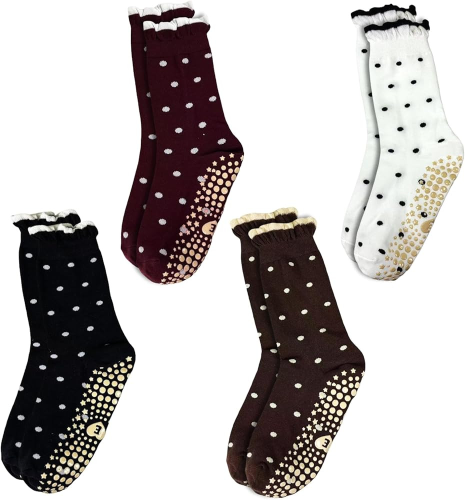 Cute Polka Dot Yoga Socks for Women – 4 Pairs Non Slip Grip Pilates Barre Socks, Ruffle Crew St... | Amazon (US)