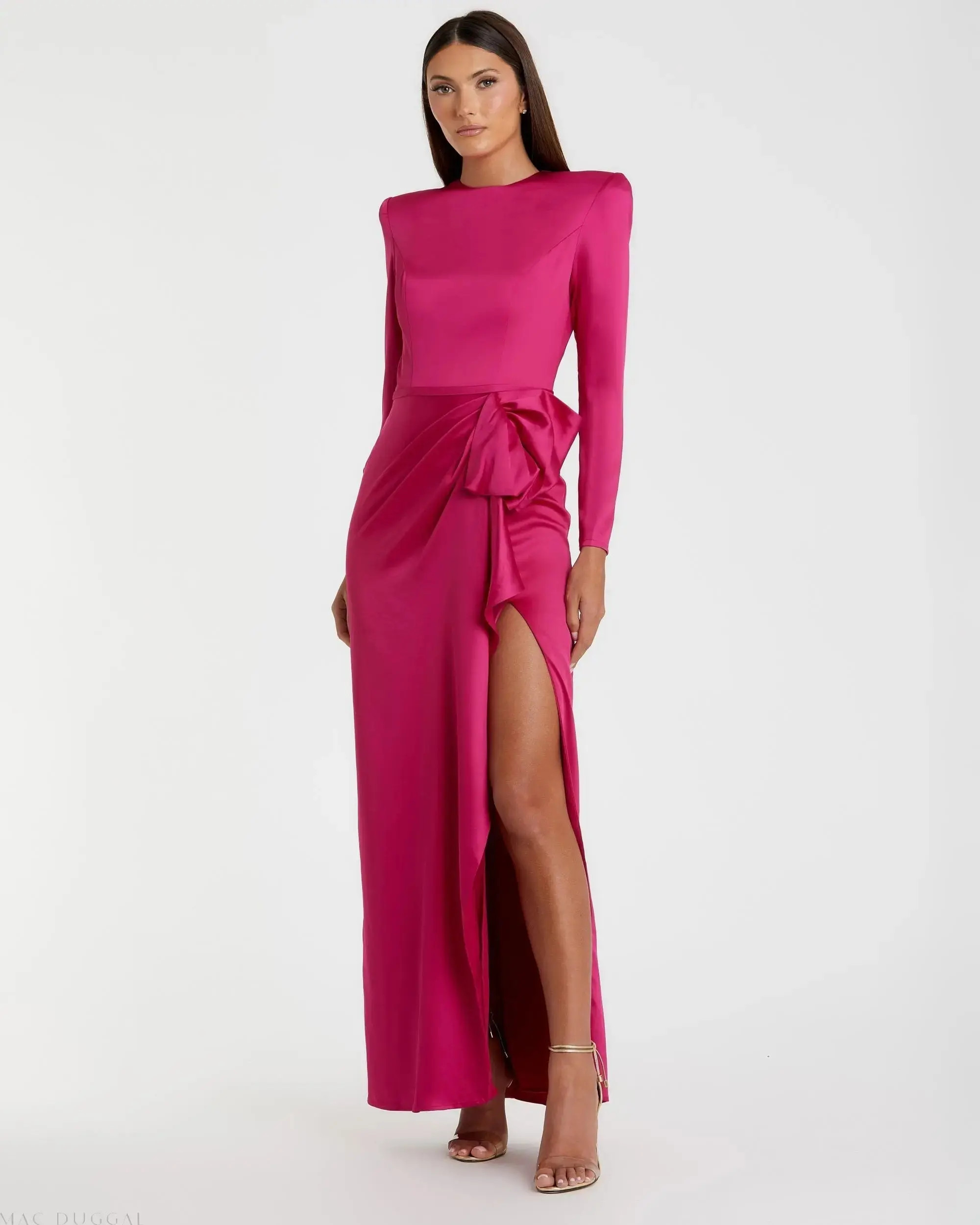 Pink Long Sleeve Satin Structured Bow Draped Column Gown - Mac Duggal | Mac Duggal