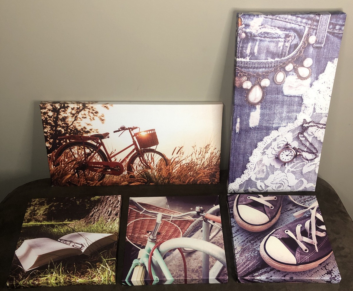 5 pc Set Canvas WALL ART Prints Room Decor Dorm Bedroom Teen YA Bicycles Book | eBay US