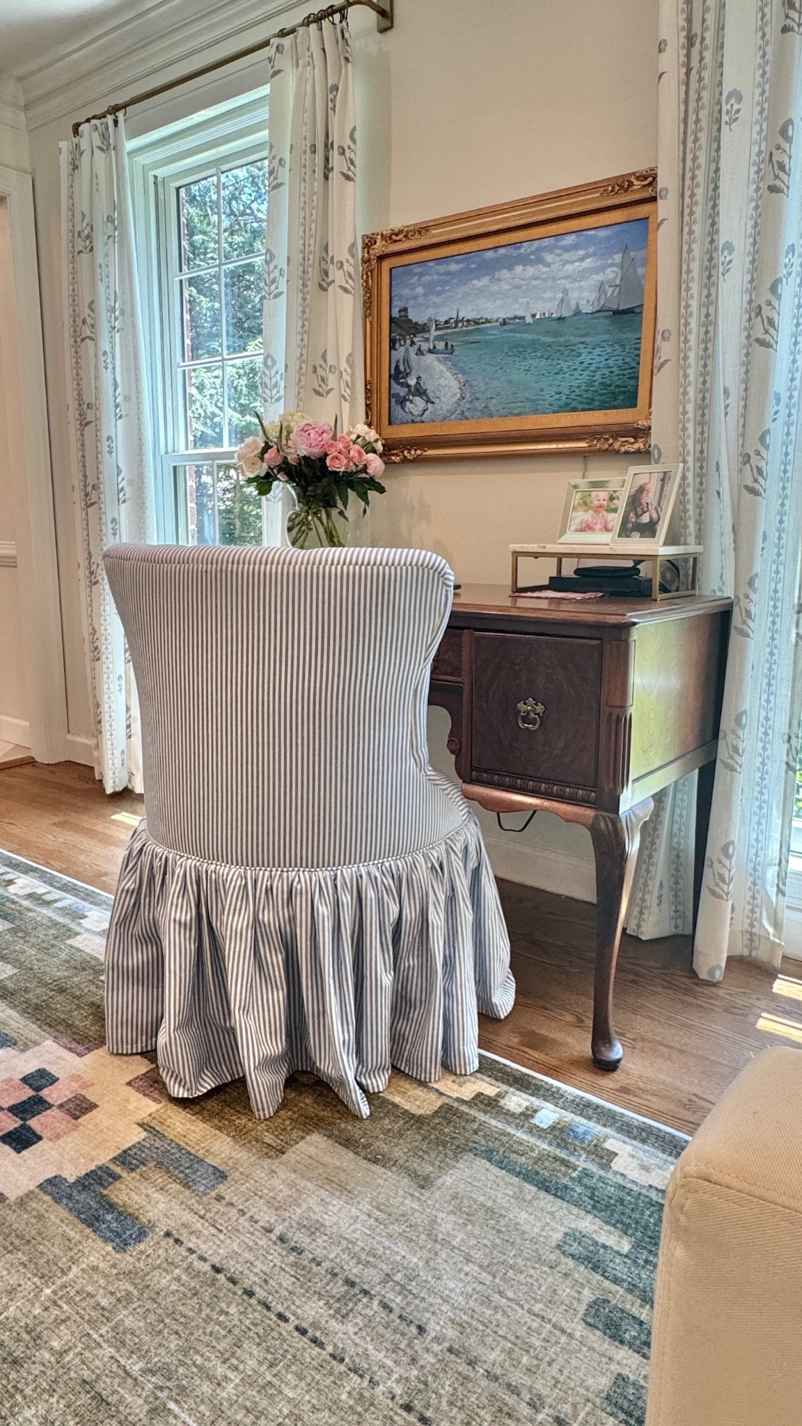 Love this desk chair. Perfect for a classic touch, plus it’s super comfortable. Striped desk chair, statement chair, classic style, Grandmillennial home, work from home decor, framed tv, block print curtains

#LTKHome